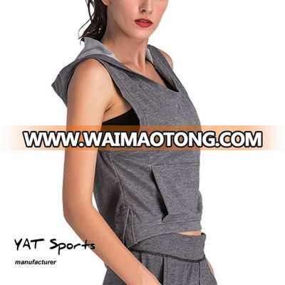 women casual loose plain front pocket hooded crop tank top