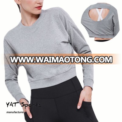 women loose long sleeve quick dry crop top pullover yoga running shirt